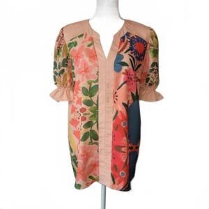 Womens Wrinkle Floral Print Ruffle Puff Sleeve V-Neck Top Peach Coral Relaxed M